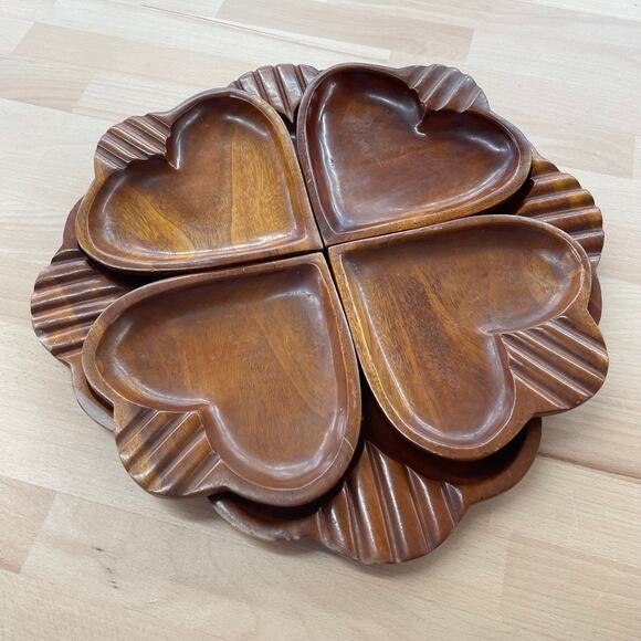 Vintage 70s Monkey Pod Wood Heart Tray Set – 5-Piece Carved Serving Dishes - Picture 2 of 7